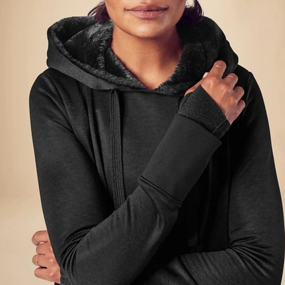 ATHLETA BLACK LONG SLEEVE TRIUMPH LUXE SHINE HOODIE SWEATSHIRT DRESS Sz XS - Picture 2 of 14